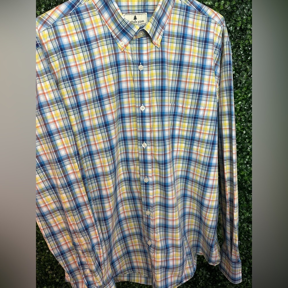 Men’s Southern Pines Long Sleeve Yellow and Blue Plaid Dress Shirt - Picture 2 of 8